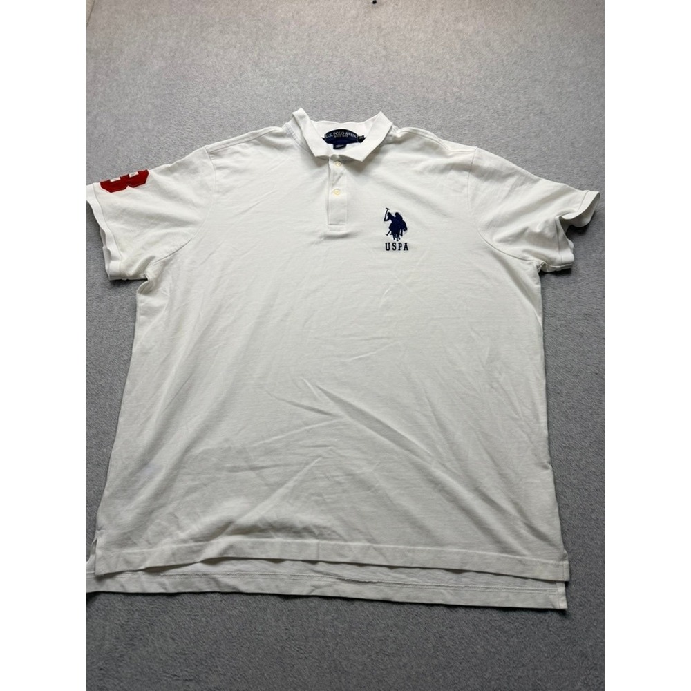 US Polo Assn Mens White Short Sleeve Polo Shirt Blue Logo Red Sleeve Patch 2XL